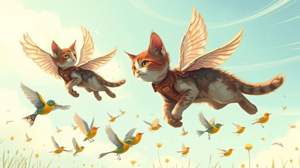 Flying Cats Chase Birds in Whimsical Sky