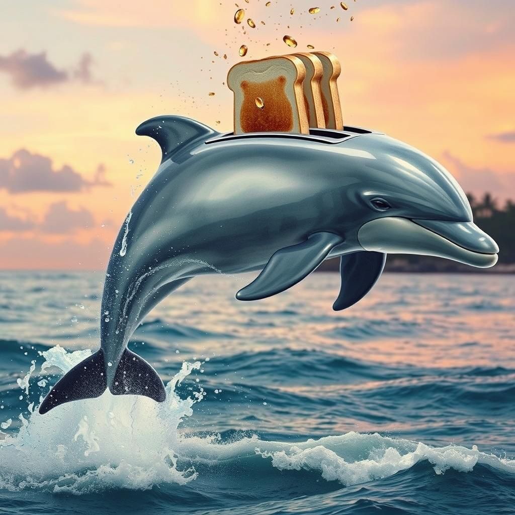 Photorealistic Dolphin-Toaster Hybrid Leaping from Ocean