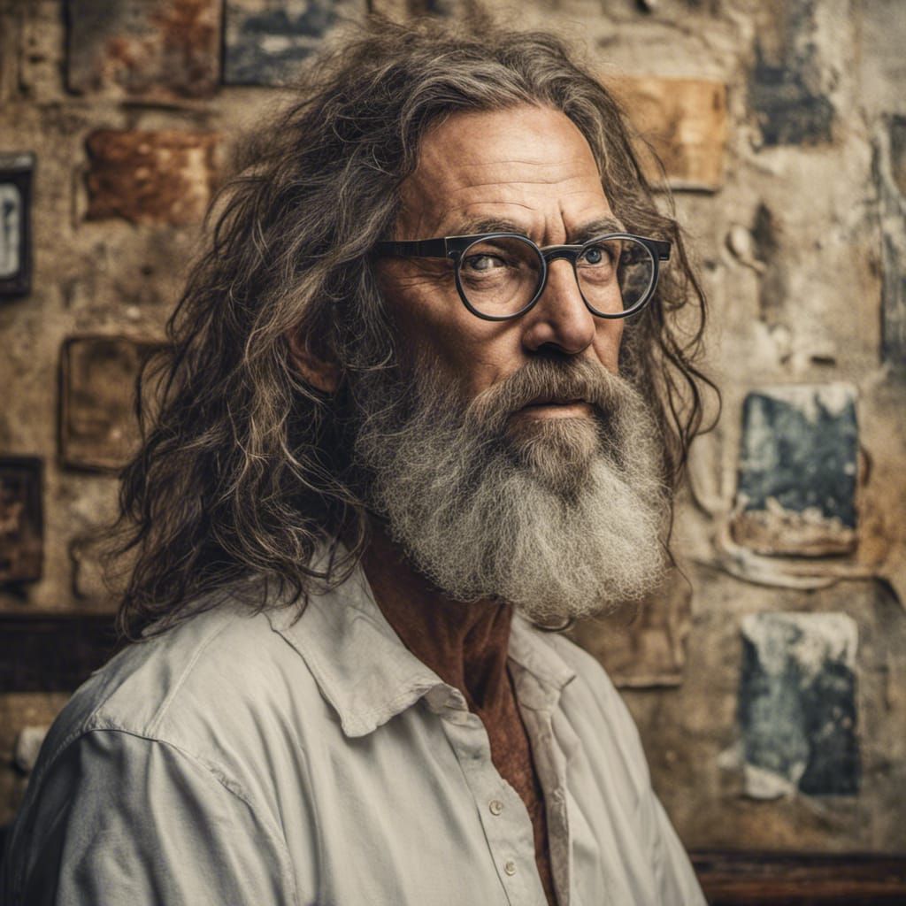 Man, art critic hippie with long loose hair and scruffy leaf...