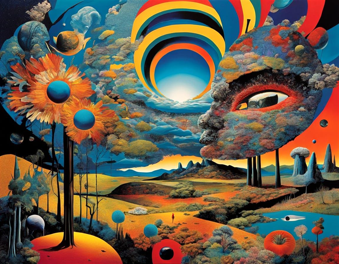 Vibrant Surrealist Collage in Mixed Media