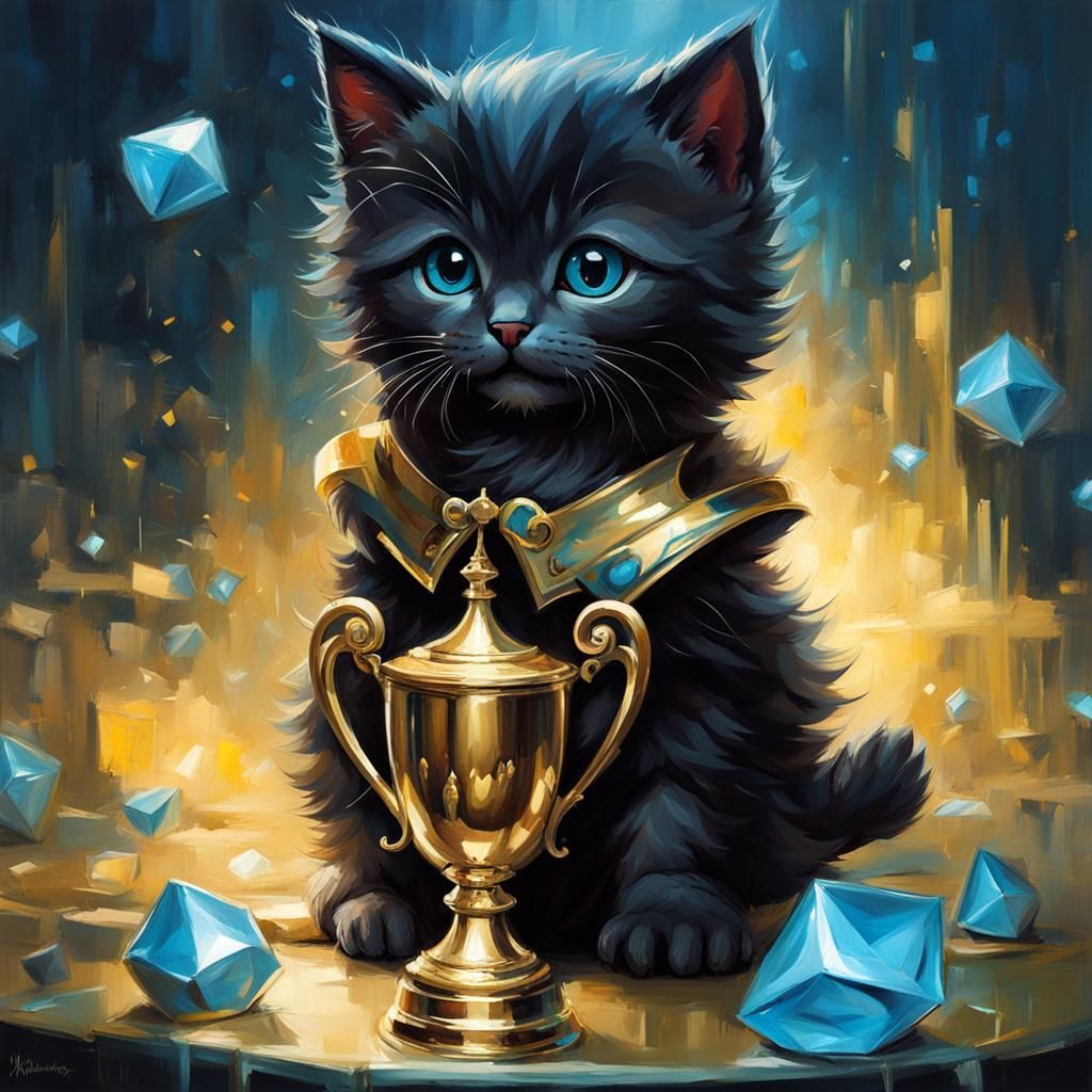 Kitten Winning Trophy in Expressive Oil Painting