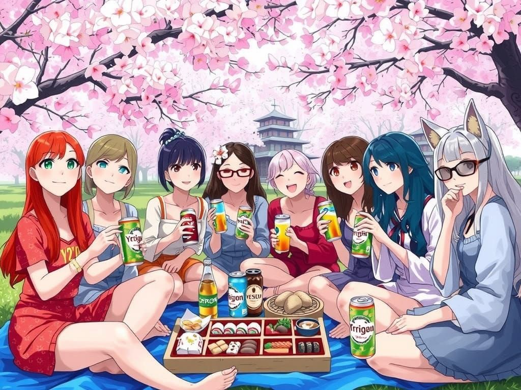 Vibrant Hanami Celebration with Friends in Bloom