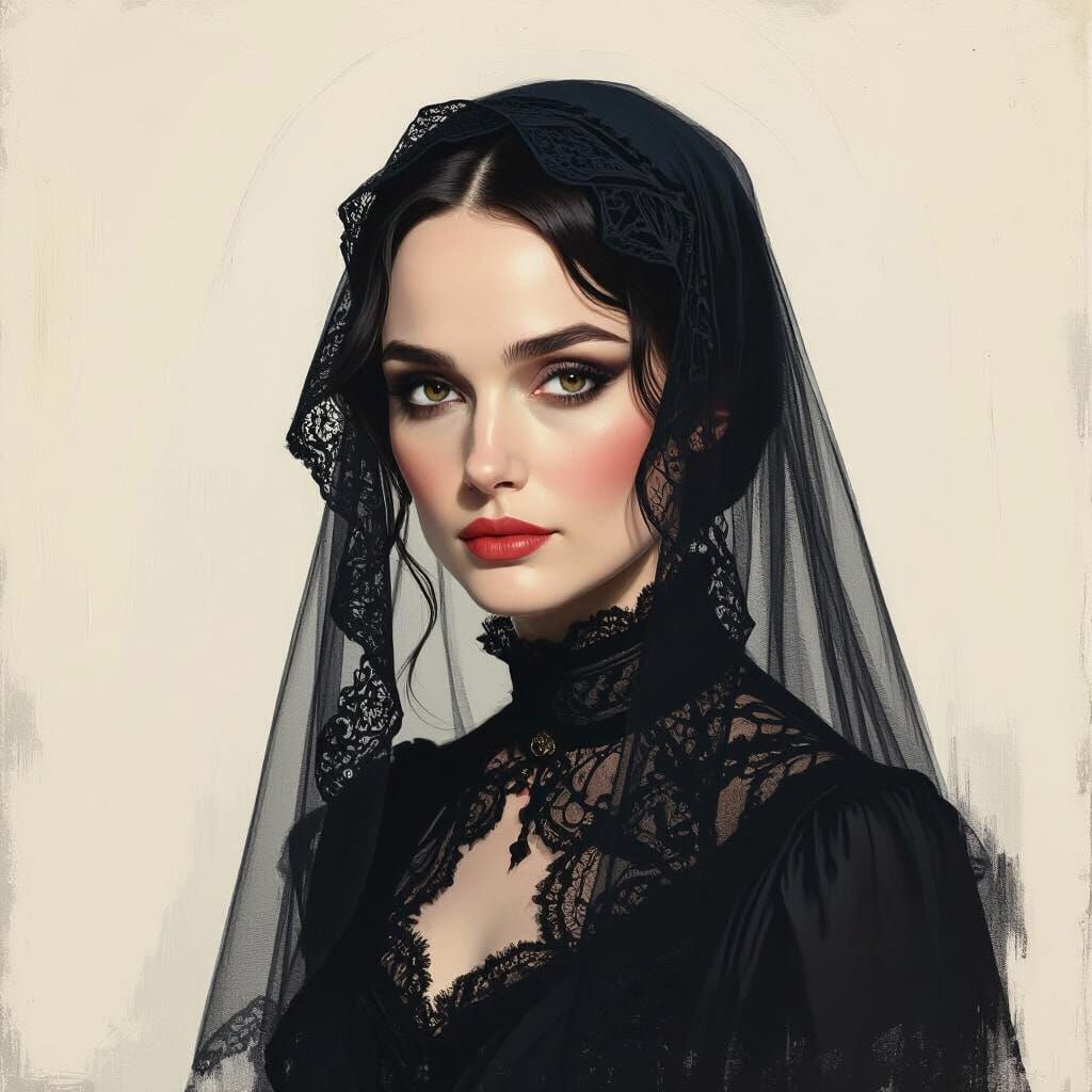 Mourning Portrait with Lace Veil, Expressionistic Oil Painti...