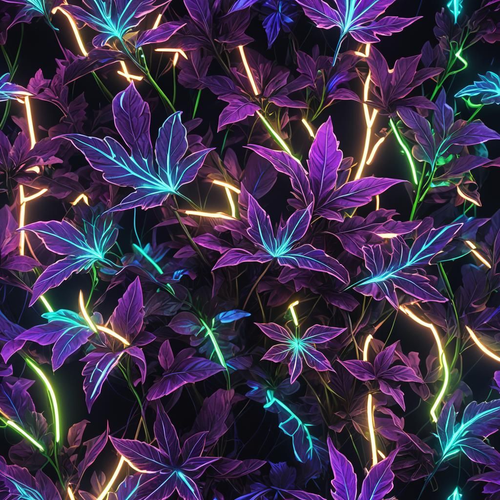 Vibrant Neon Weed Leaves in Cyberpunk Style