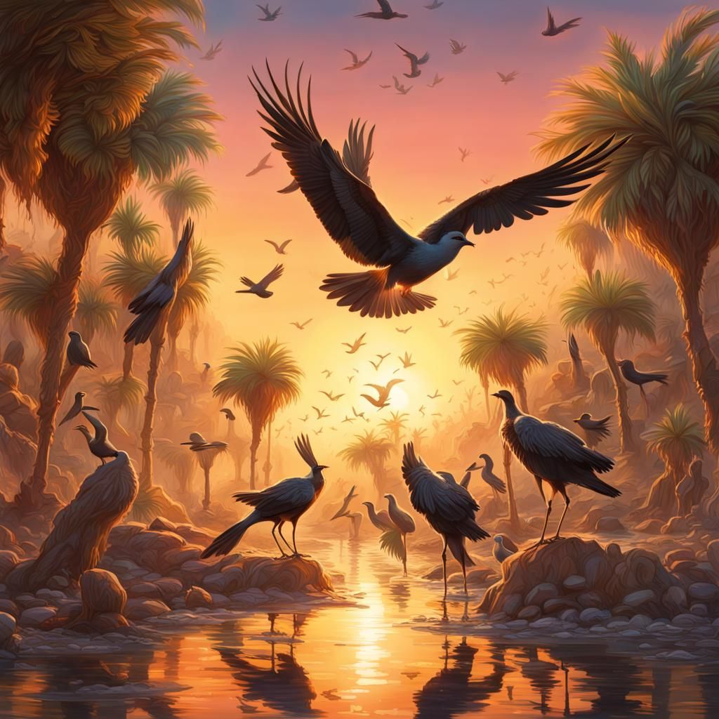 Oasis of Birds at Sunrise: Hyperrealistic Splash Art