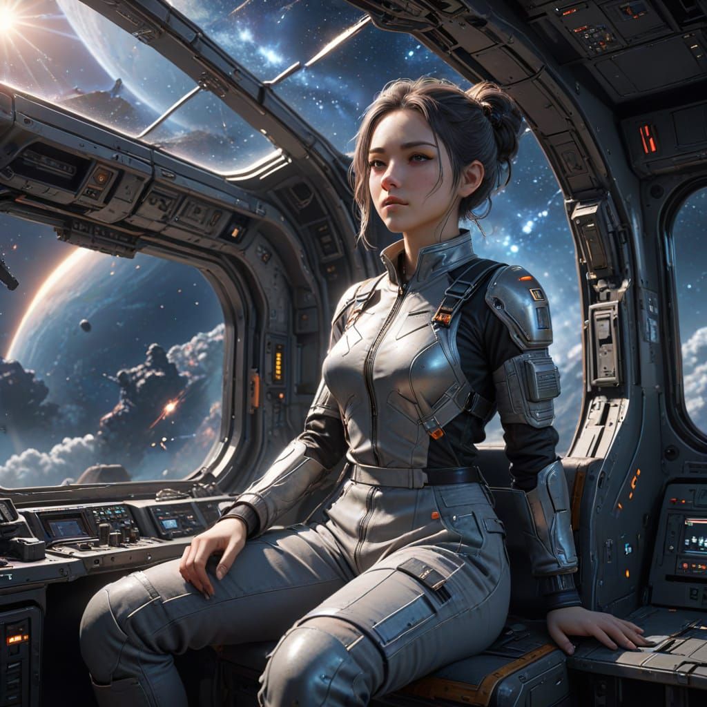 Bald Girl in Spaceship with Milky Way View