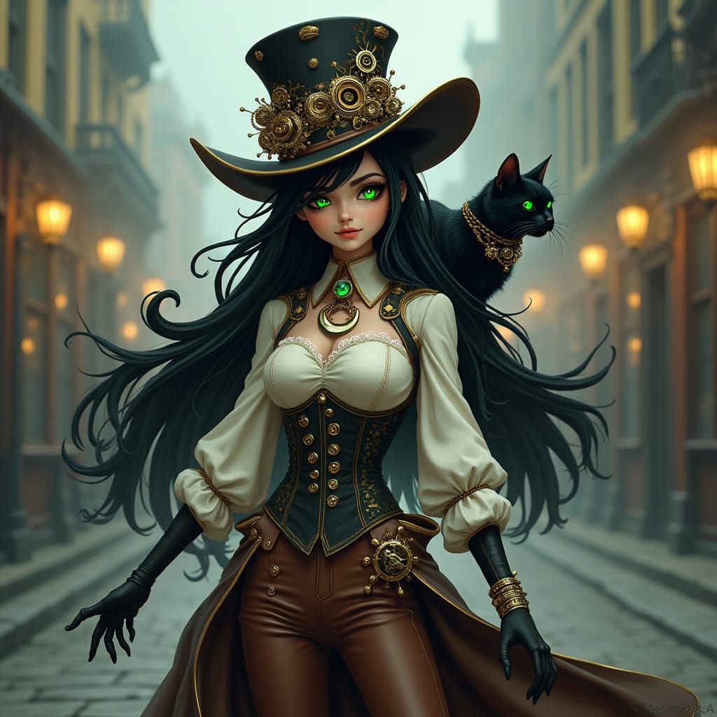 Steampunk Witch with Black Cat in London