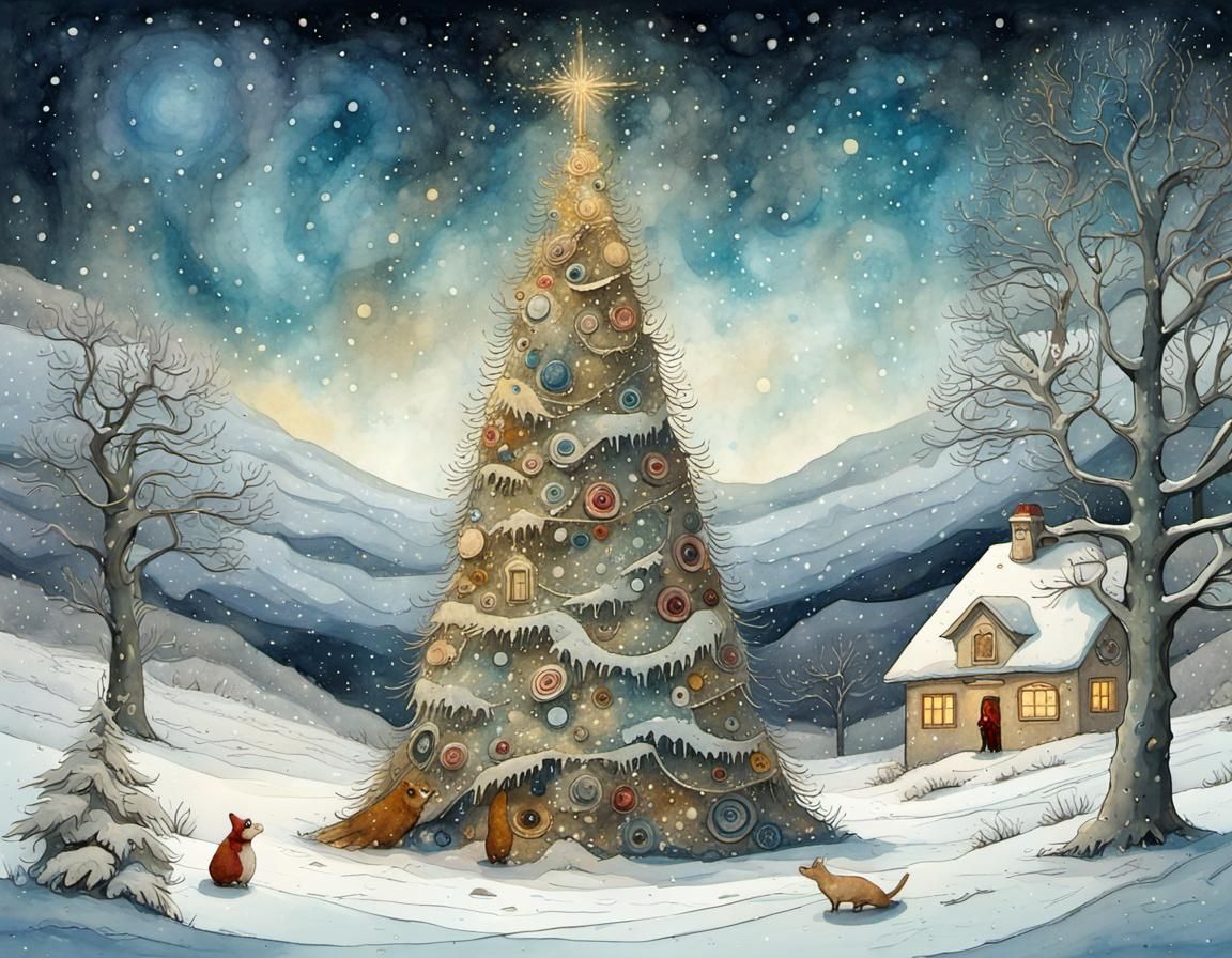 Christmas Hippo in Snowy Folk Art Style