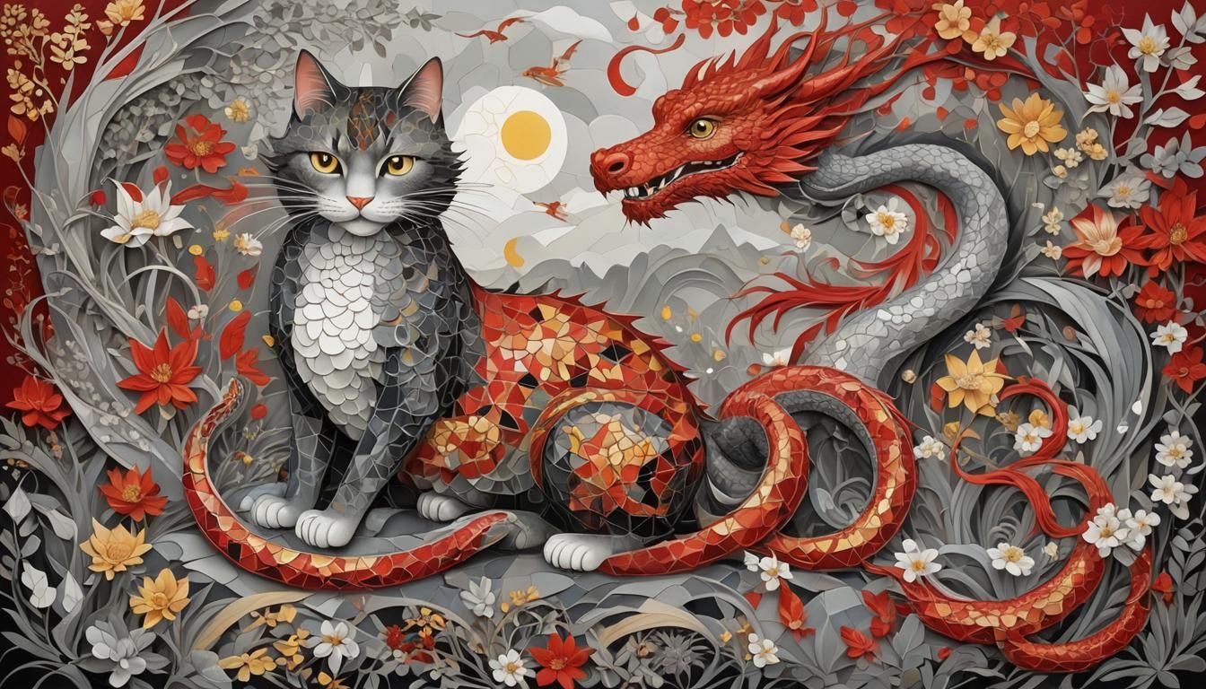 Vibrant Mosaic: Girl, Cat, and Dragon in Watercolor