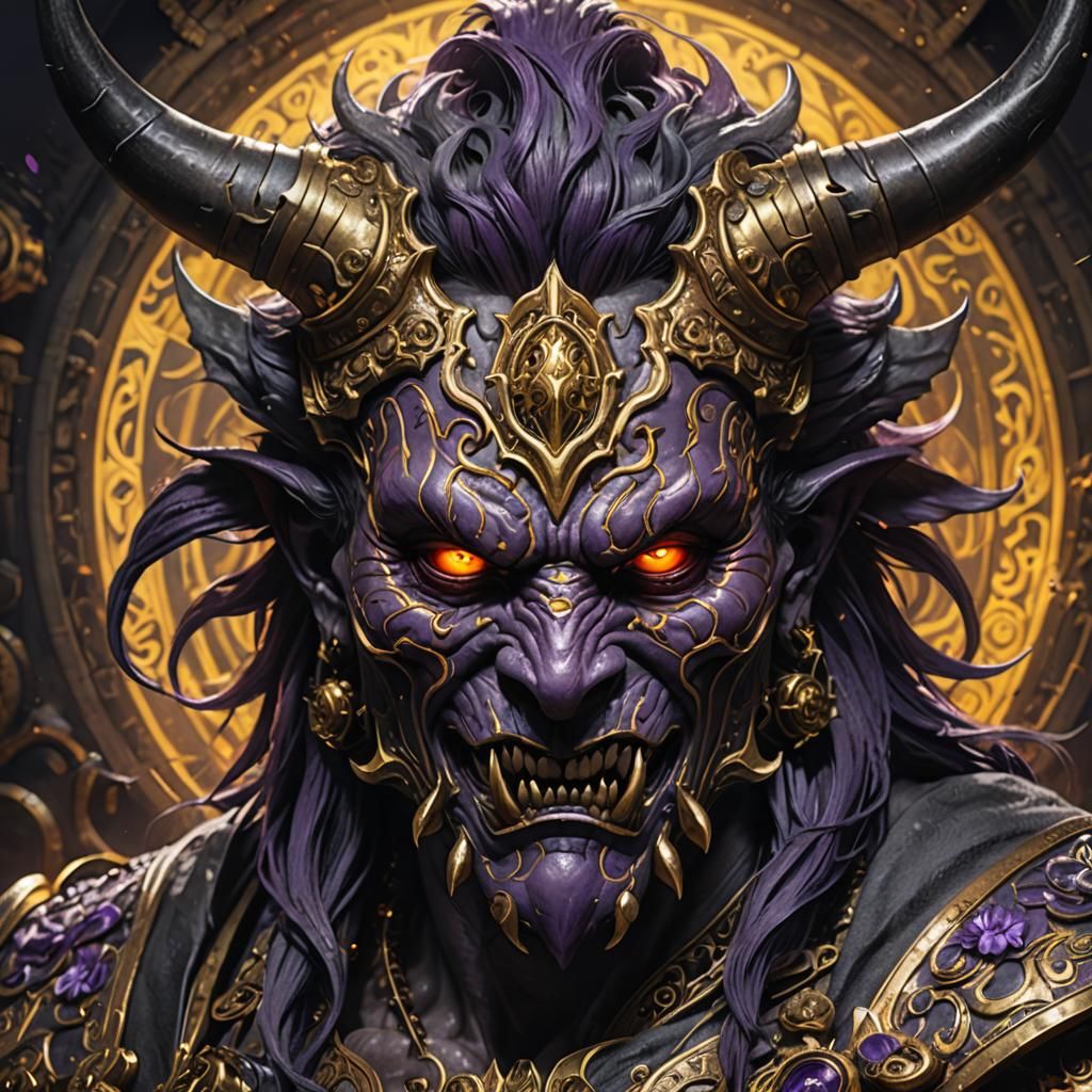 Hyperdetailed Oni Mask Charcoal Drawing in Dark Fantasy Styl...