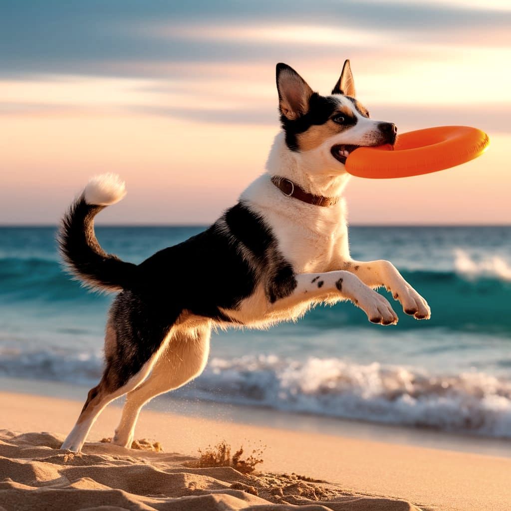 Dog Leaping for Frisbee at Sunset Beach