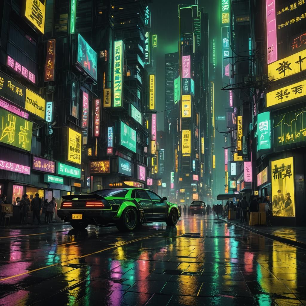 Cyberpunk Neon Cityscape Reflects in the Rain