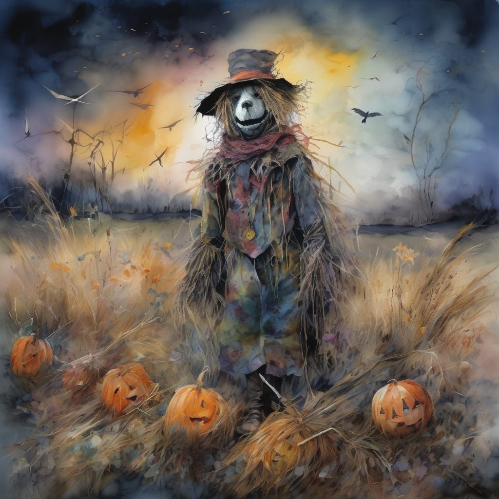 Scary Scarecrow in Midnight Field with Dog, Watercolour Styl...