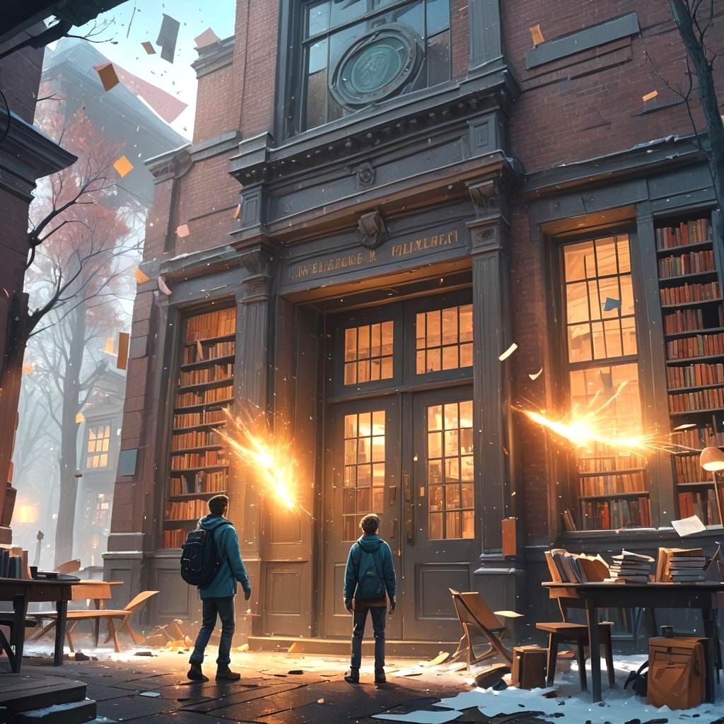Magical Library Chaos with Flying Papers, Digital Art
