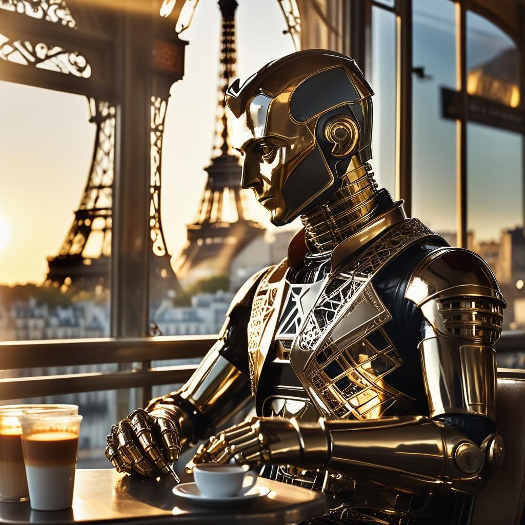 Android in Paris Cafe: Cinematic Film Still