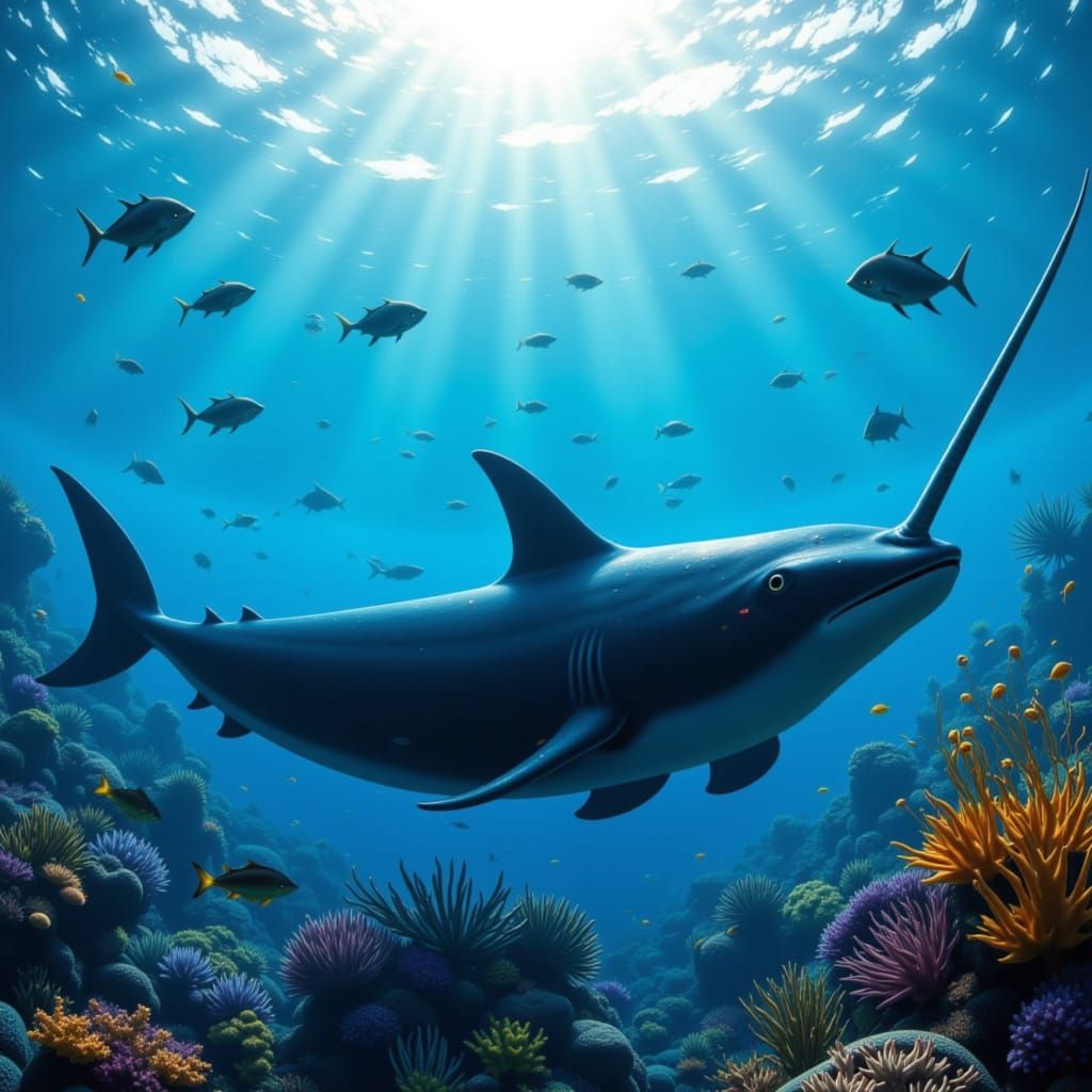 Majestic Narwhal Swims with Fish in Deep Ocean