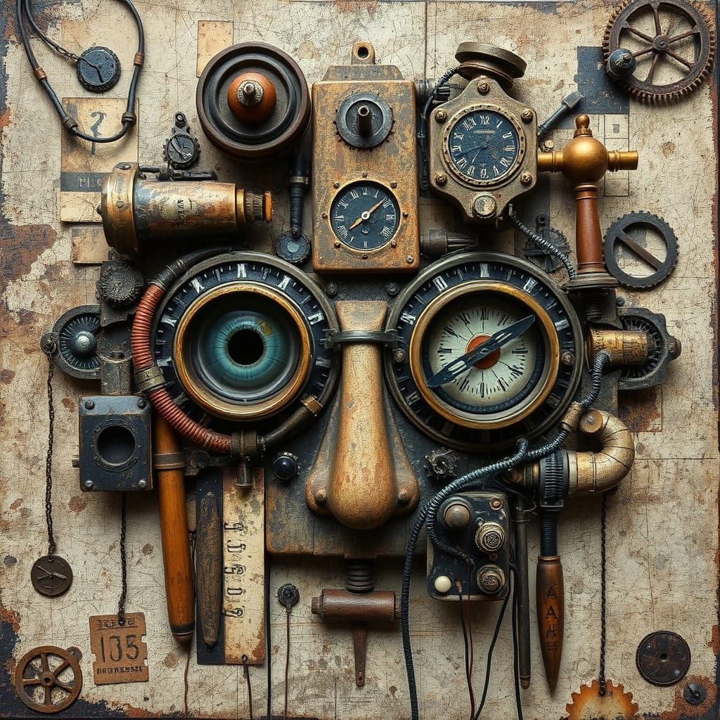 Grunge Glitchcore Face with Steampunk Engine