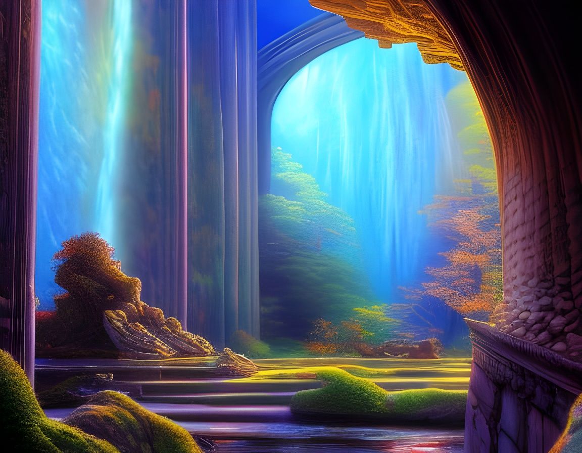 Temple Ruins with Waterfall Walls in Divine Light