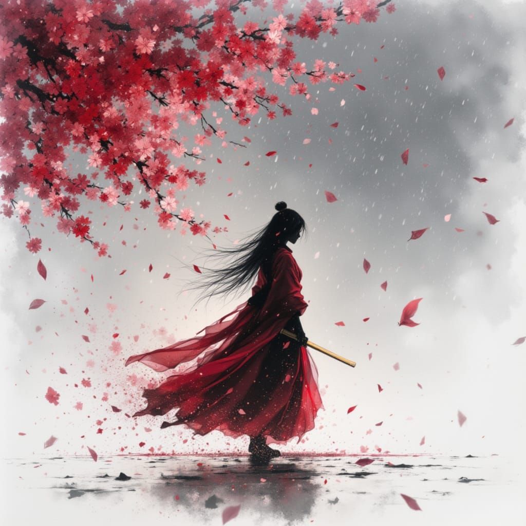 Samurai Woman Amidst Cherry Blossom Storm