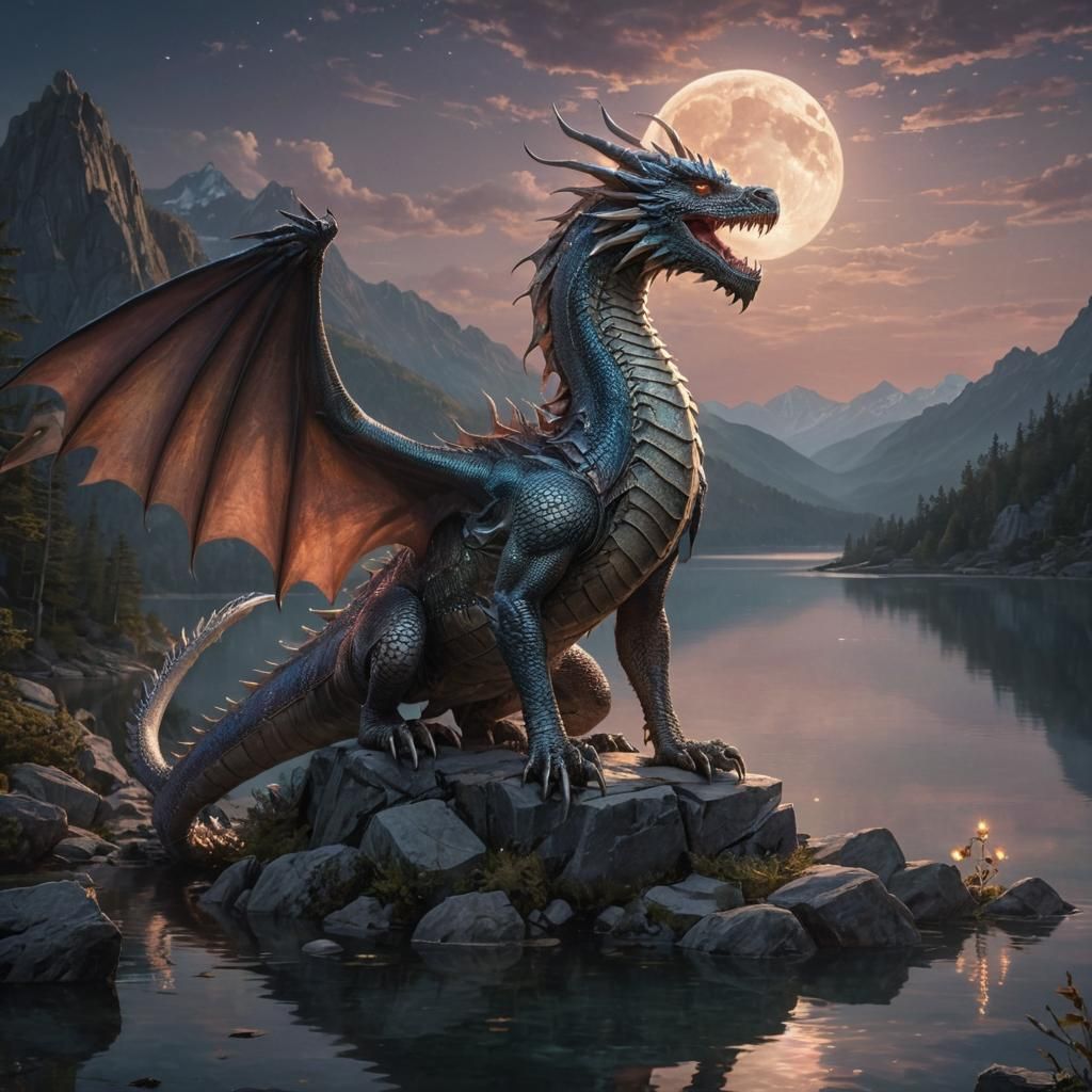 Majestic Dragon on Moonlit Peak: Waterhouse-Inspired Art