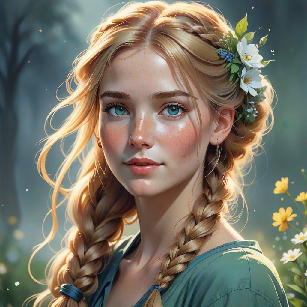 Pretty Woman with Freckles and Flowing Blonde Hair