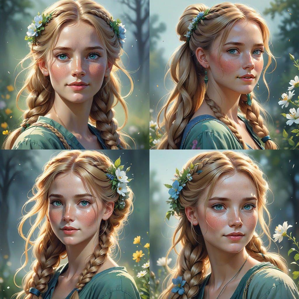 Blonde Woman with Freckles in Misty Sunrise