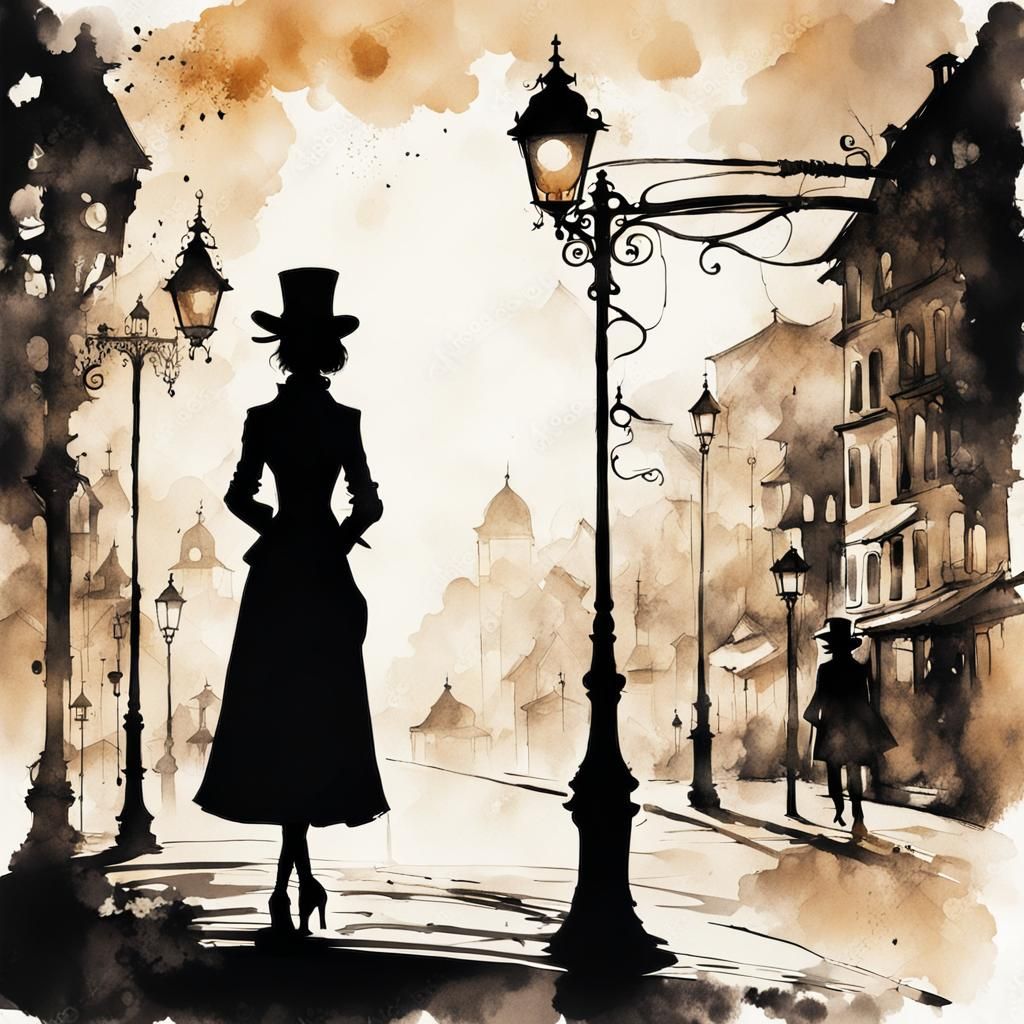 Steampunk Silhouette: Woman by Lamppost in Ink