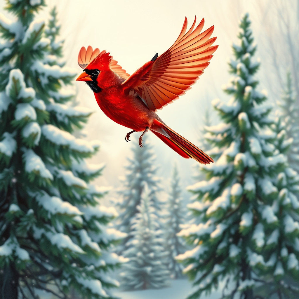 Cardinal in Flight over Winter Landscape