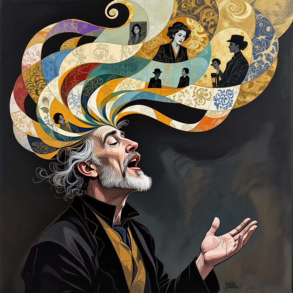 Storyteller with Swirling Memory Ribbons