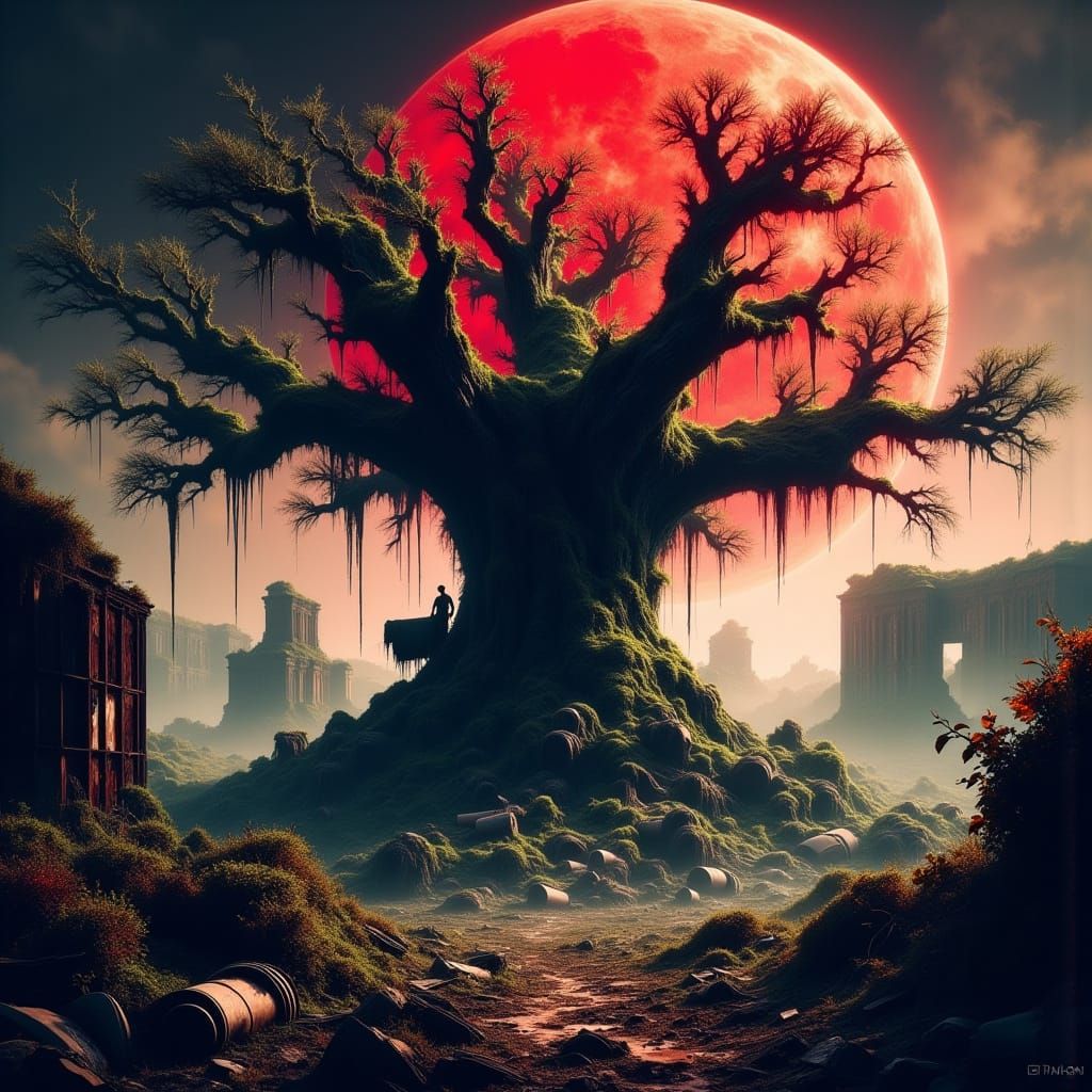 Ancient Tree in Abandoned Landscape, Photorealistic Style