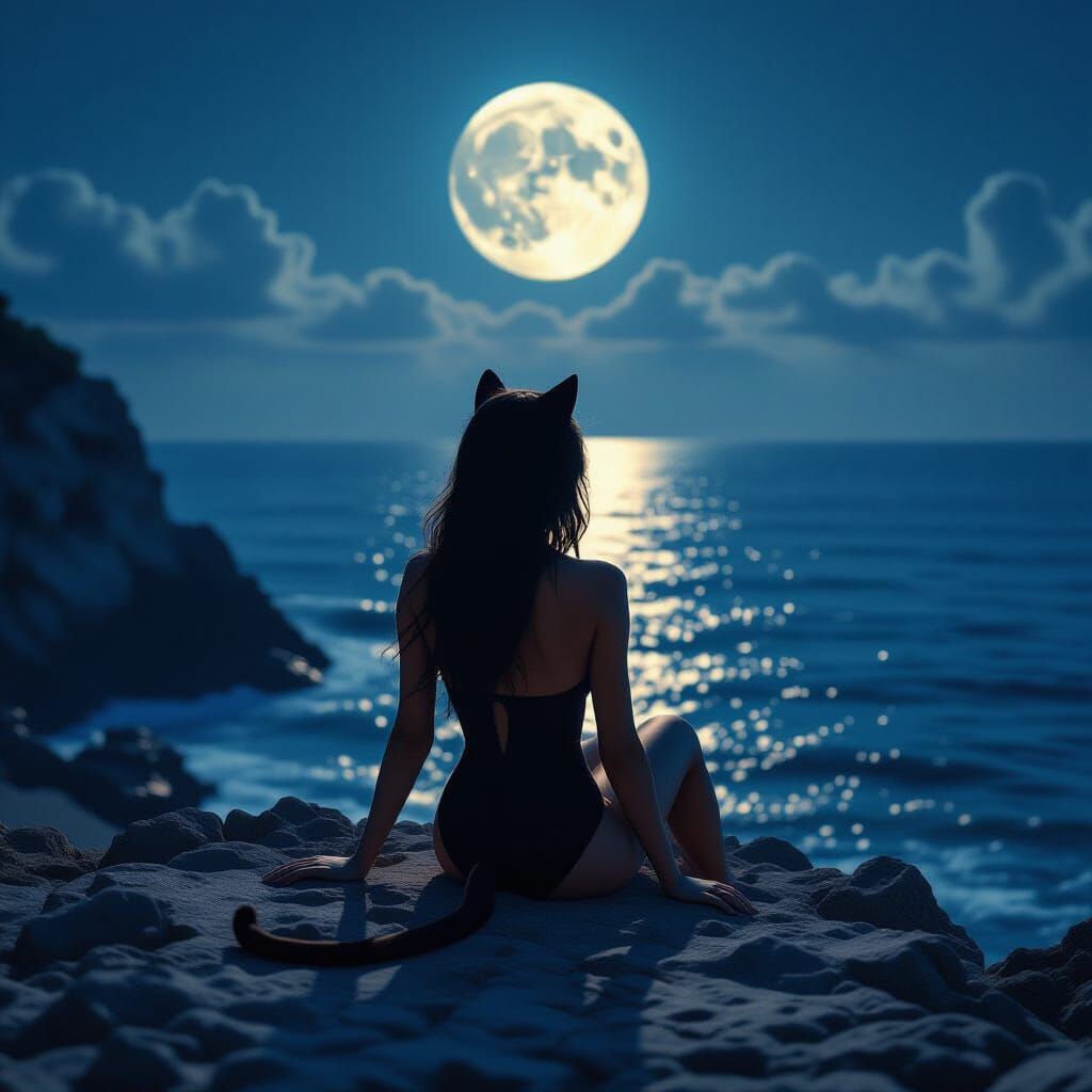 Cat-Girl on Cliff Under Moonlight, Cinematic Film Still