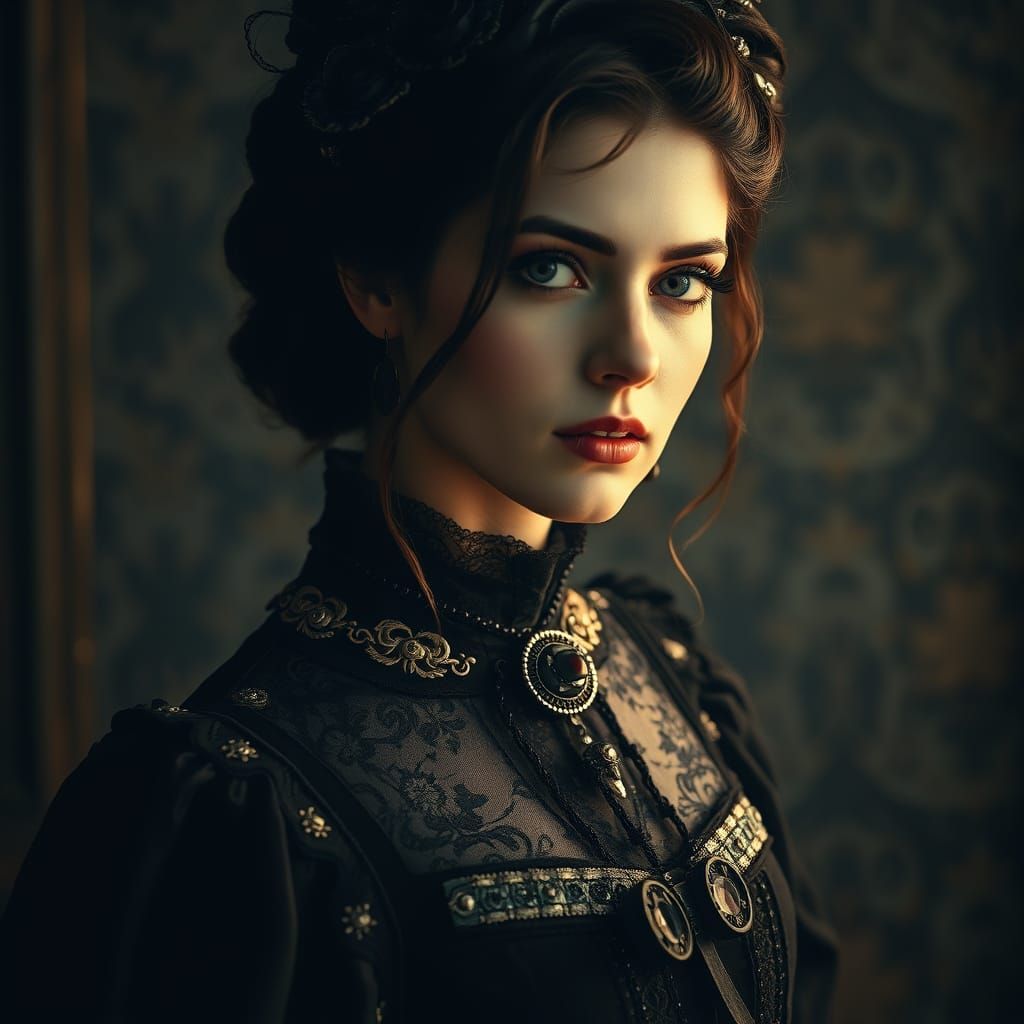 Gothic Woman in Vintage Attire, Viewed through a Lens