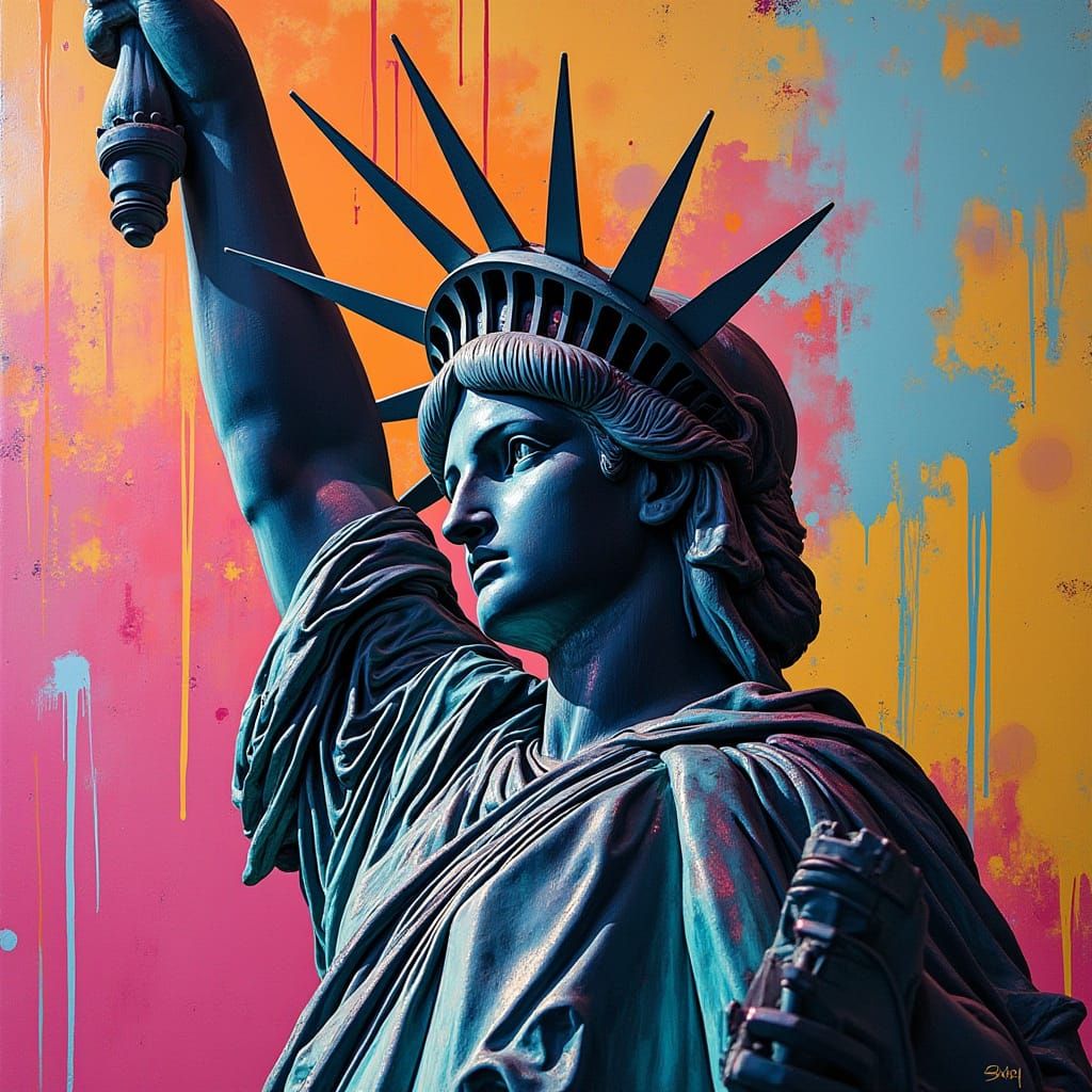 Cybernetic Statue of Liberty in Graffiti Art