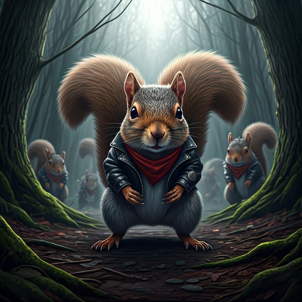 Fierce Squirrels Prowl Misty Woods in Detailed Concept Art