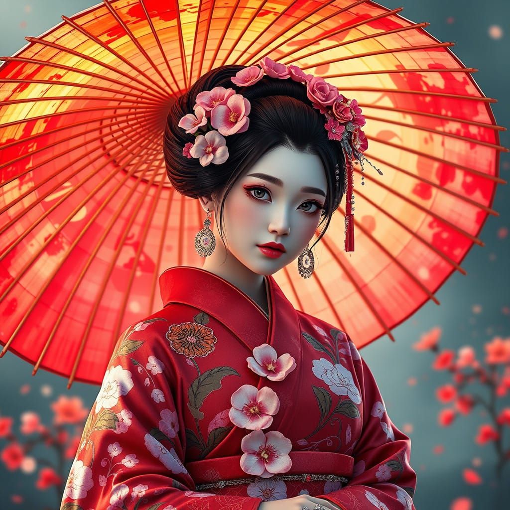 Gaisha in Fantasy Floral Kimono with Colorful Umbrella