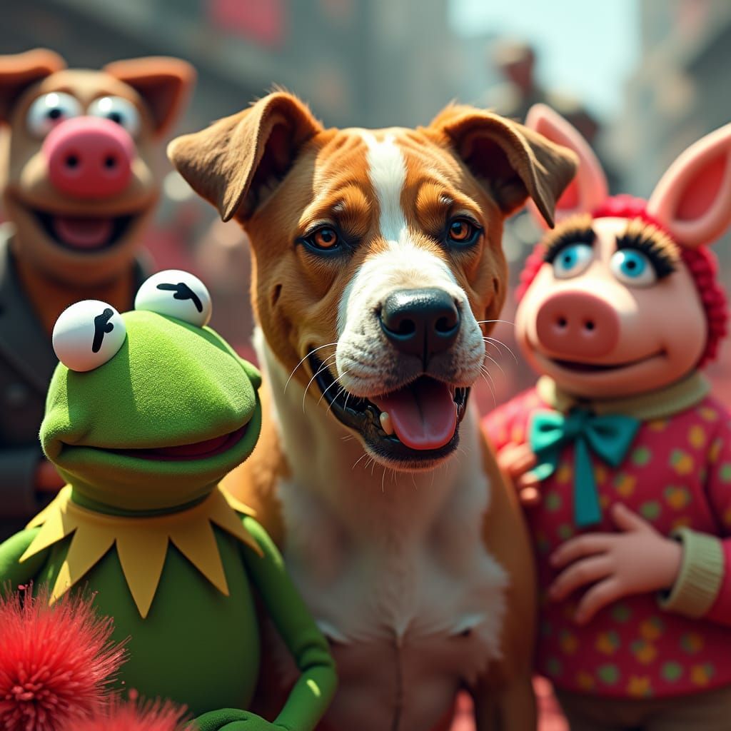 Pitbull Among Muppets in Retro-Futuristic Style