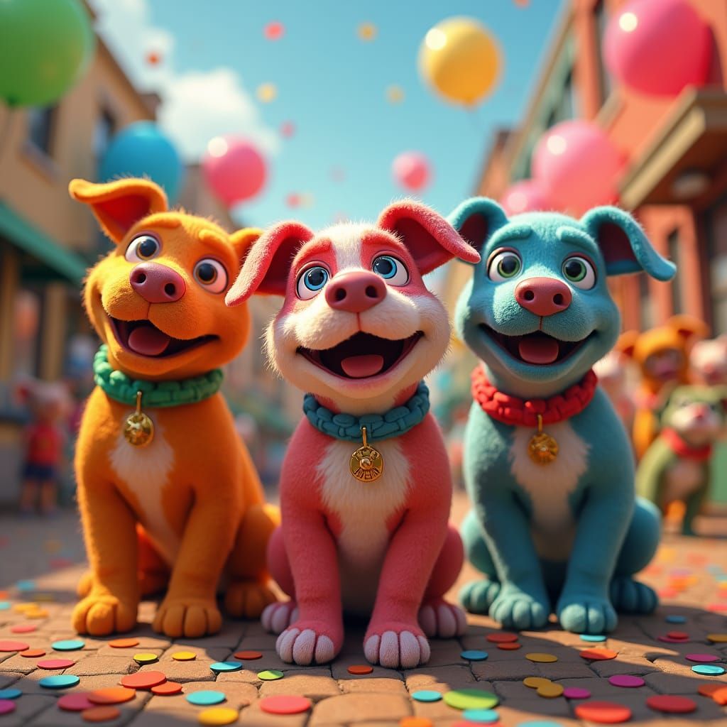 Cheerful Pitbull Muppets in Dog Park, Digital Painting