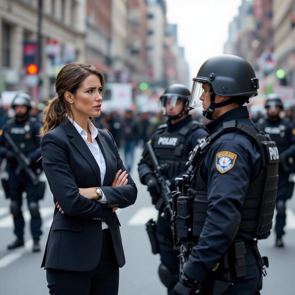 Businesswoman Confronts Riot Police in Photorealistic Scene