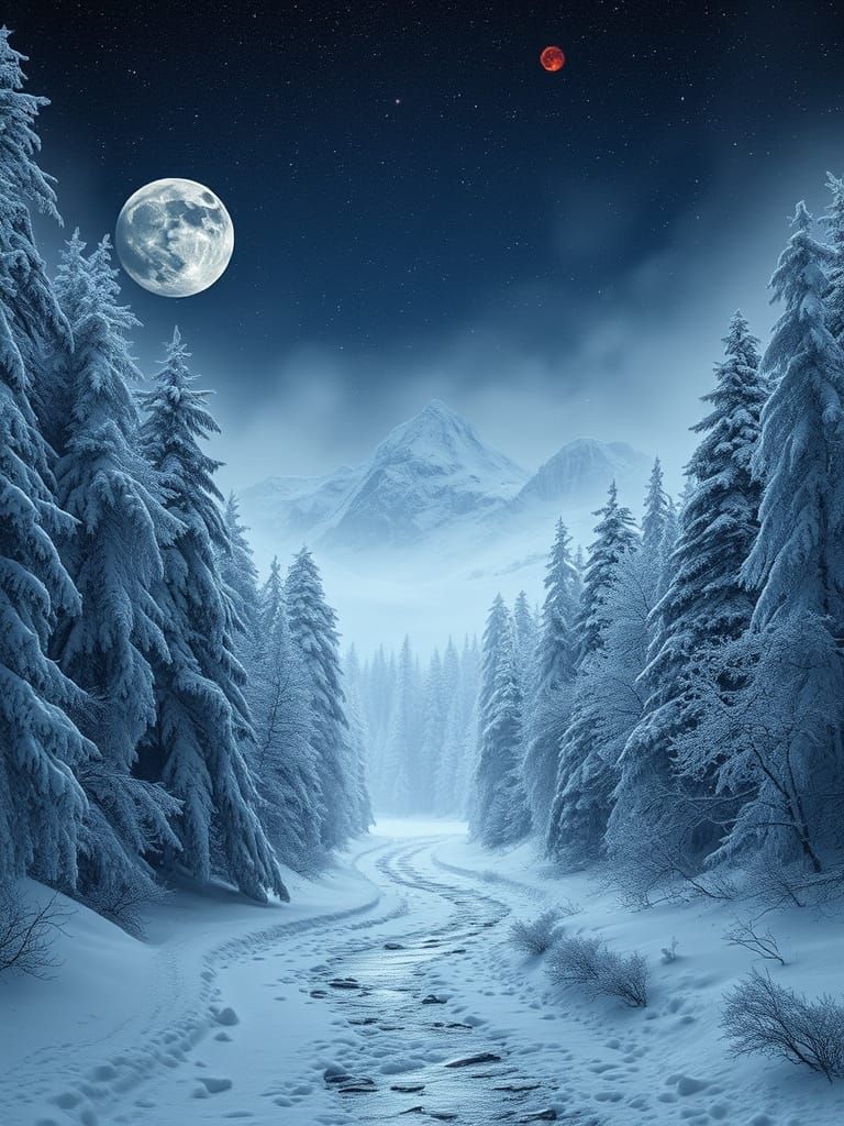 Serene Winter Forest Pathway Under Starry Night Sky