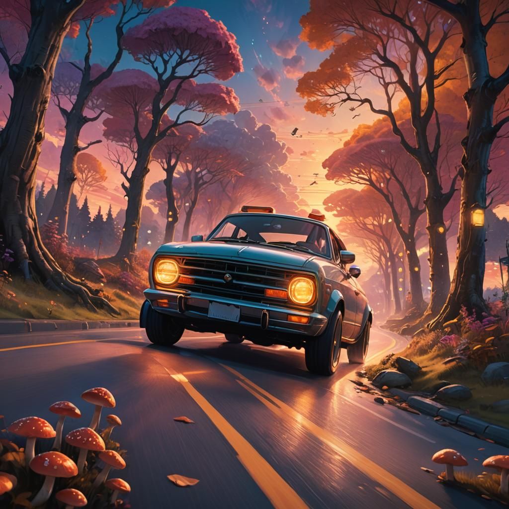 Dog Drives Car on Dreamy Highway: Concept Art