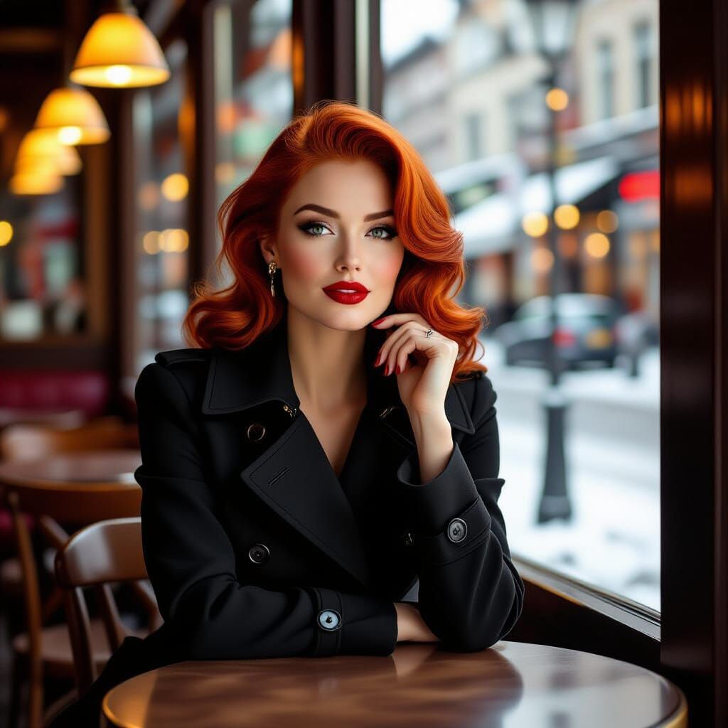 Pinup Style Woman in Oslo Cafe, Red Hair, Trench Coat