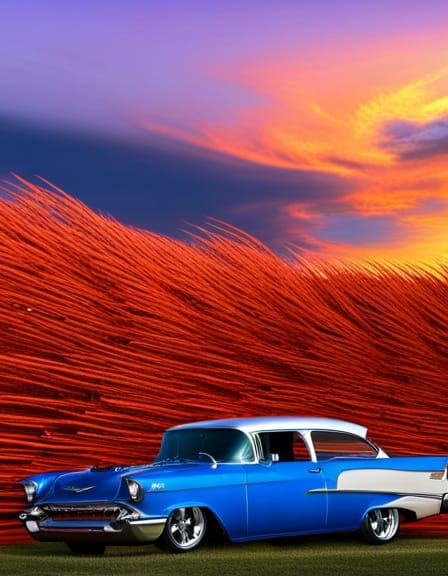 candy blue 57 chevy parked in a wheat field at a 45 degree angle, with front bumper facing forward, with 1 willow tree a...