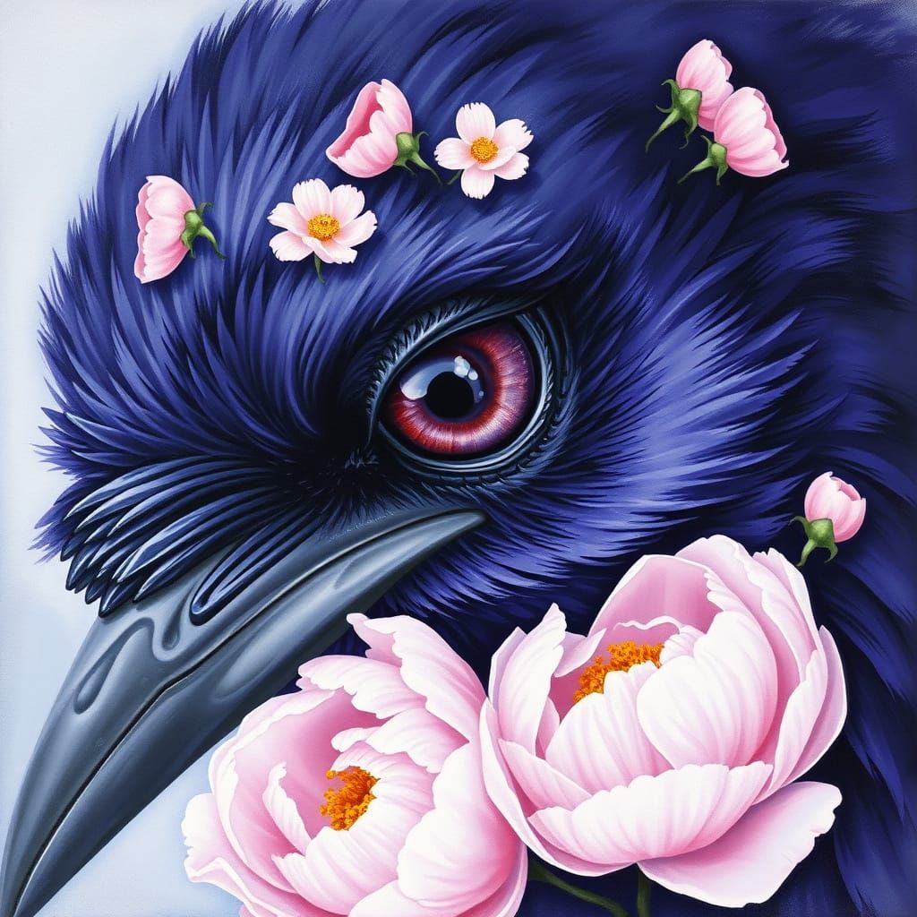 Raven in Violet Eye with Peonies, Surreal Watercolor