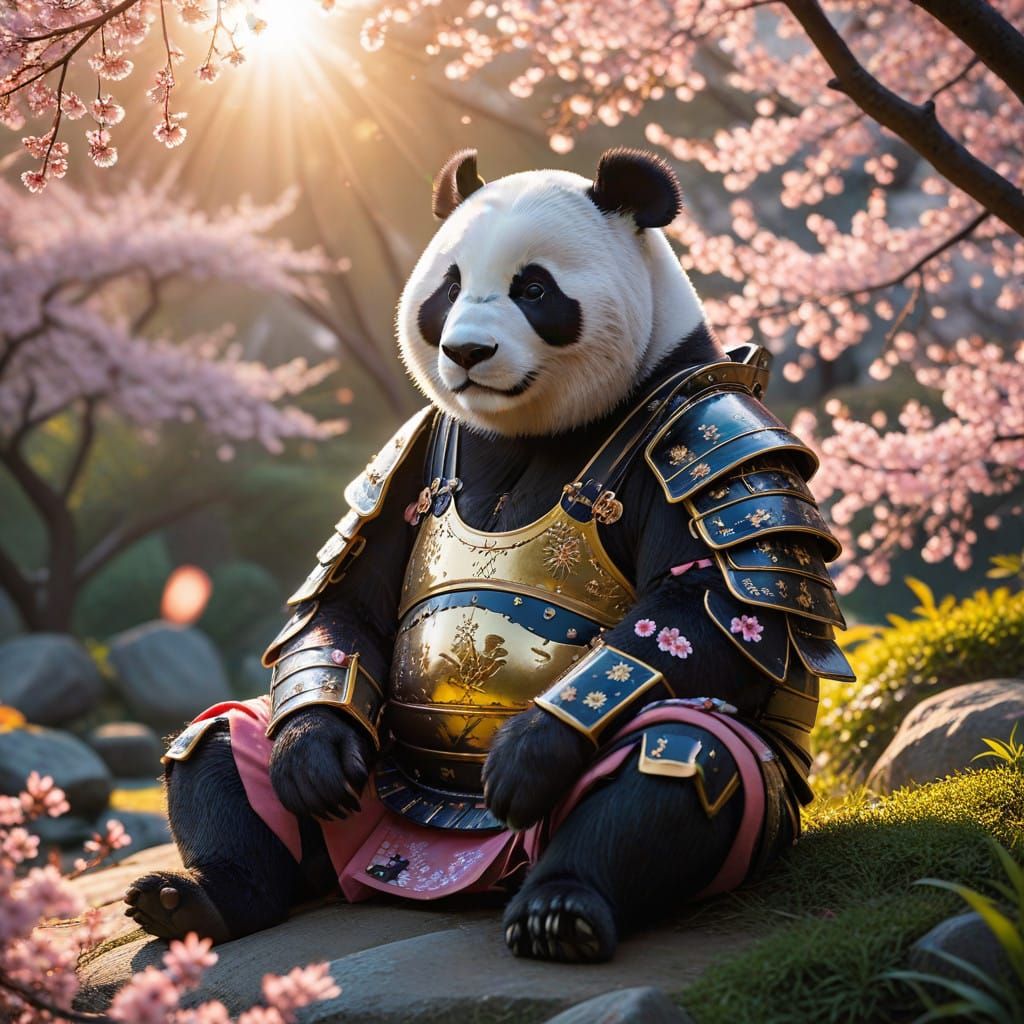 Samurai Panda in Serene Edo Gardens