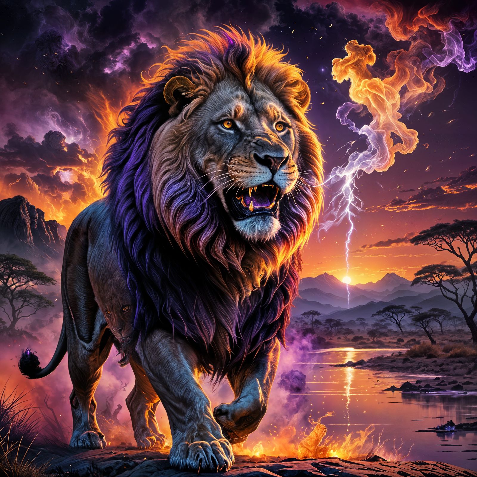 Ghostly Lion Roaring in Fiery Serengeti Nightfall