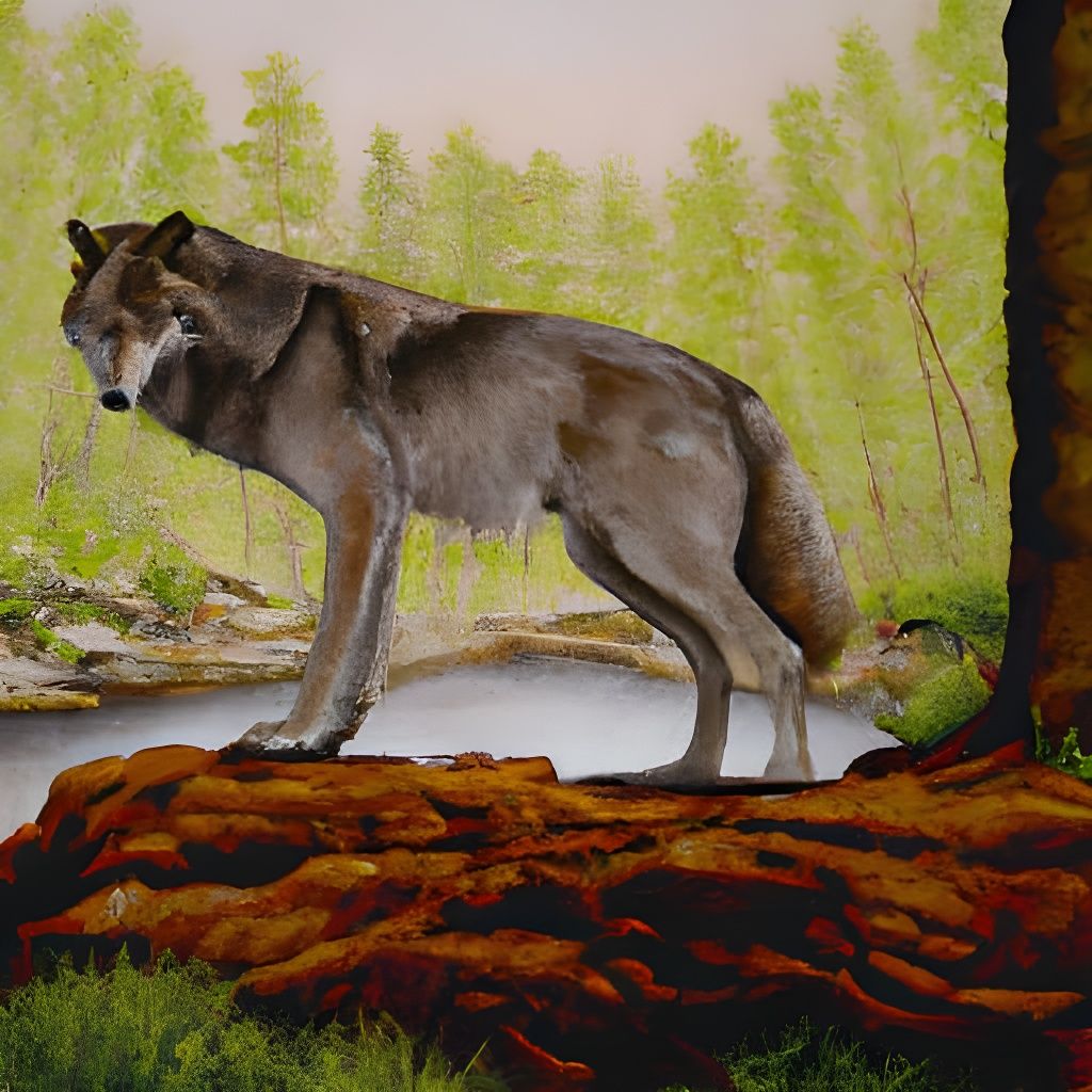 ""Timber wolf, centered. Style of John James Audubon."