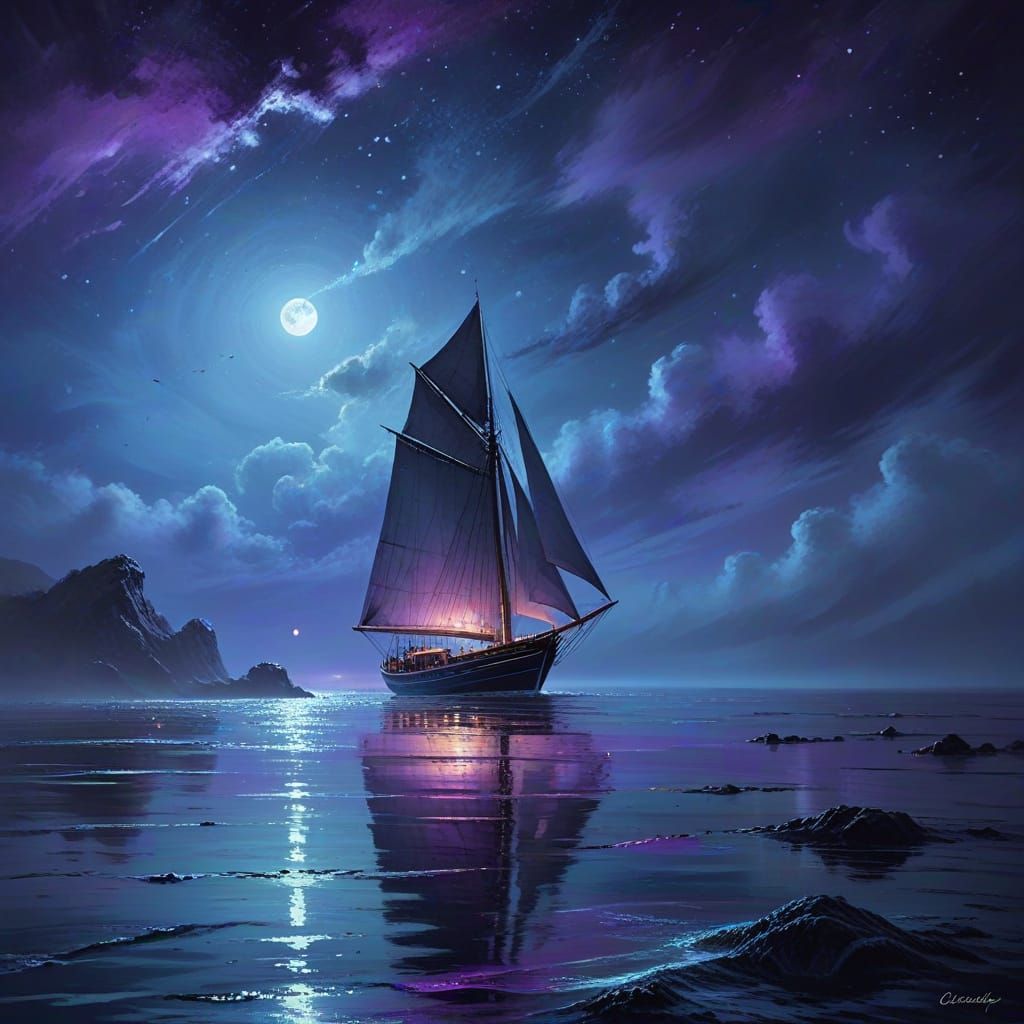 Sailing Boat on Moonlit Sea: Impressionist Digital Painting