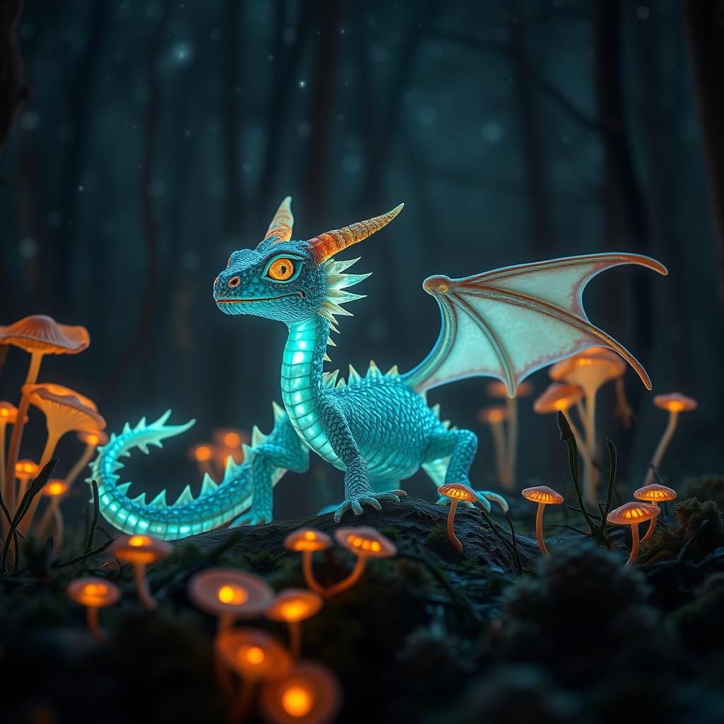Bioluminescent Mini Dragon in Iridescent Woods