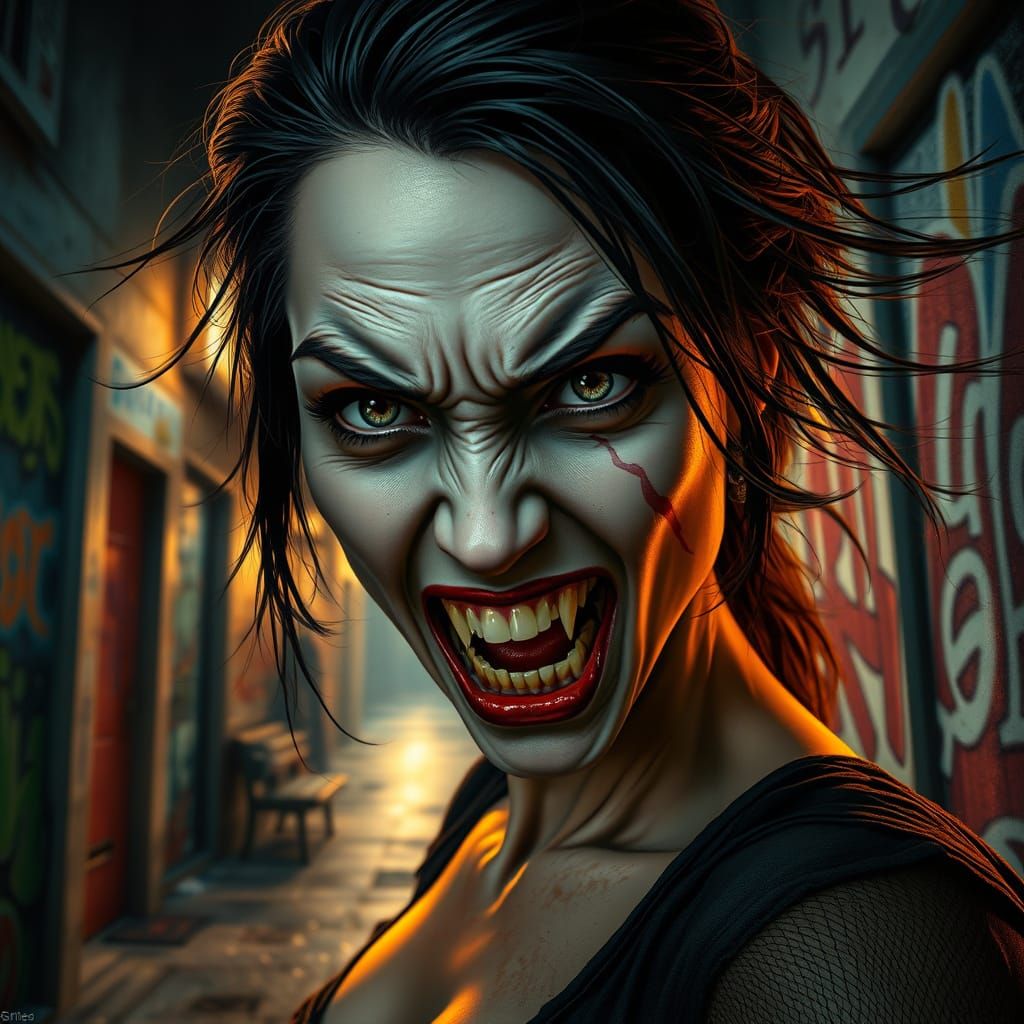 Dark Alley Vampire Reveal in Hyperrealistic Style