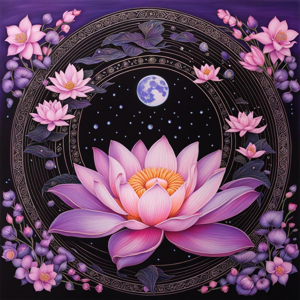 Samsara Circle with Lotus and Runes in Holographic Style